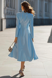 Sky Blue A Line Satin Shawl Lapel Midi Blazer Dress with Sleeves
