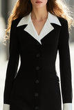 Black and White Single Breasted Midi Work Dress with Sleeves