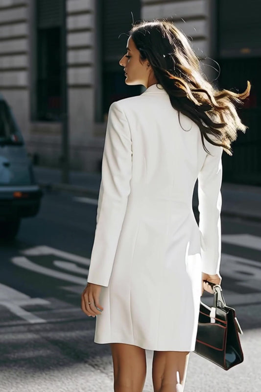 Ivory Satin Double Breasted Pencil Short Blazer Dress