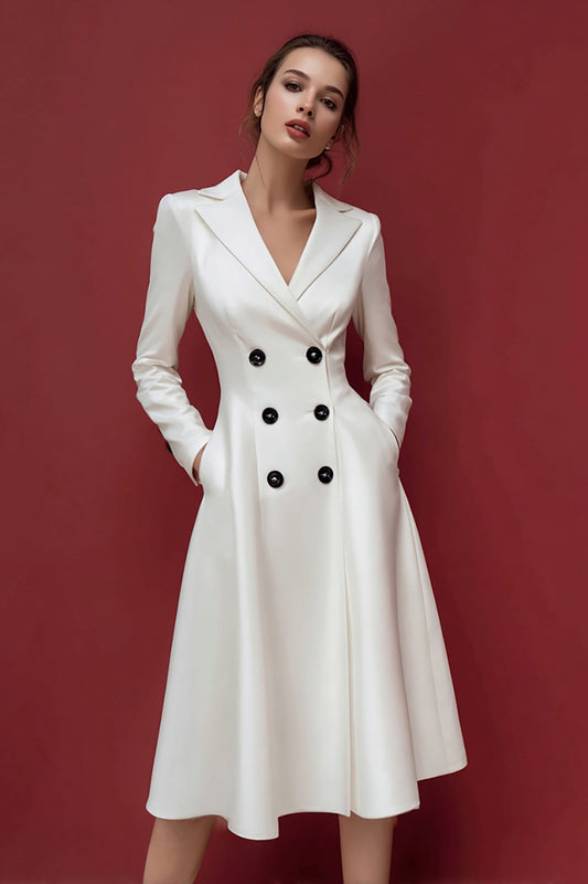 Ivory Satin A Line Midi Blazer Dress with Pockets