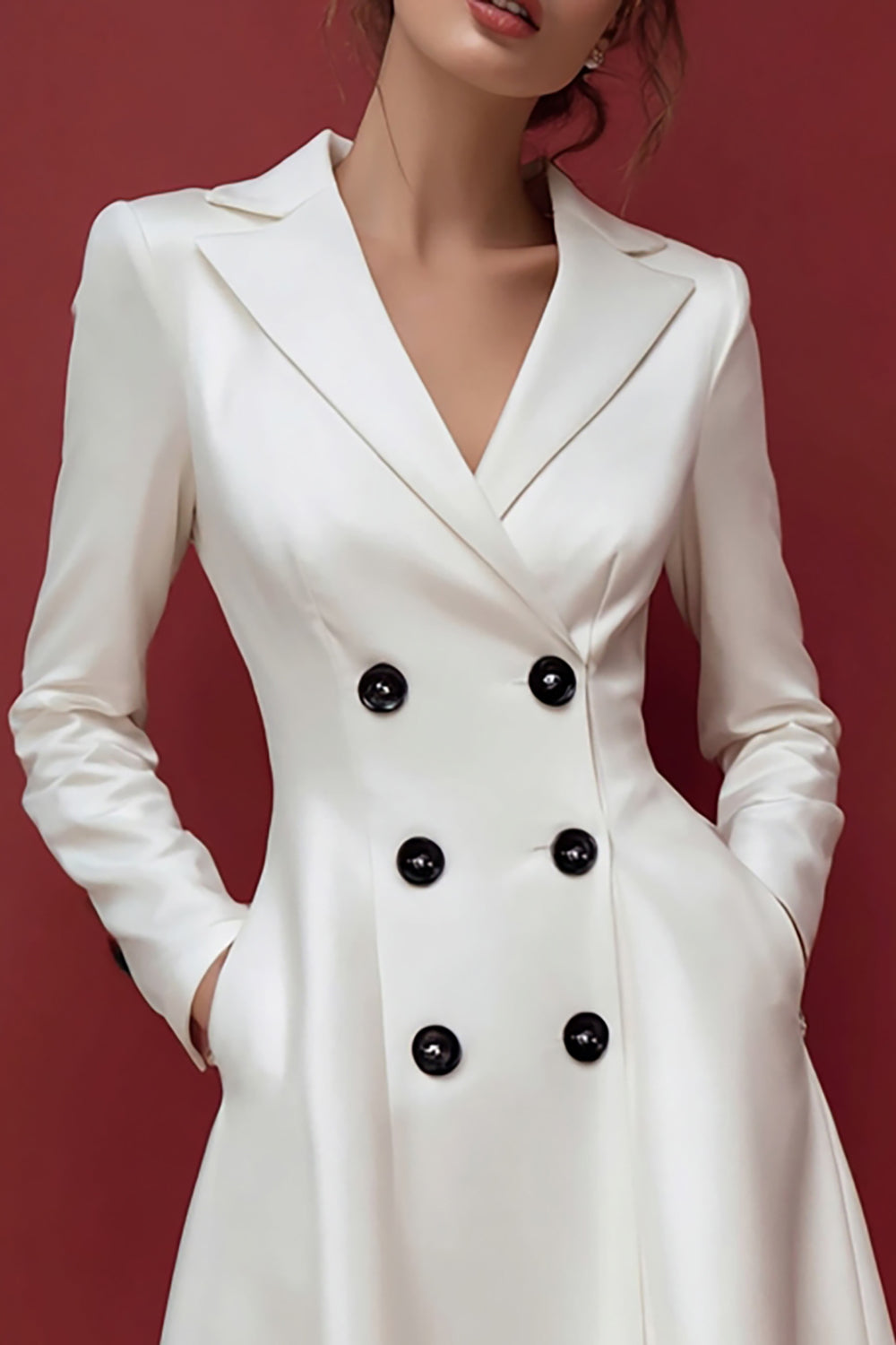 Ivory Satin A Line Midi Blazer Dress with Pockets