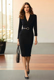 Black Pencil Shawl Lapel Midi Blazer Dress with Belt
