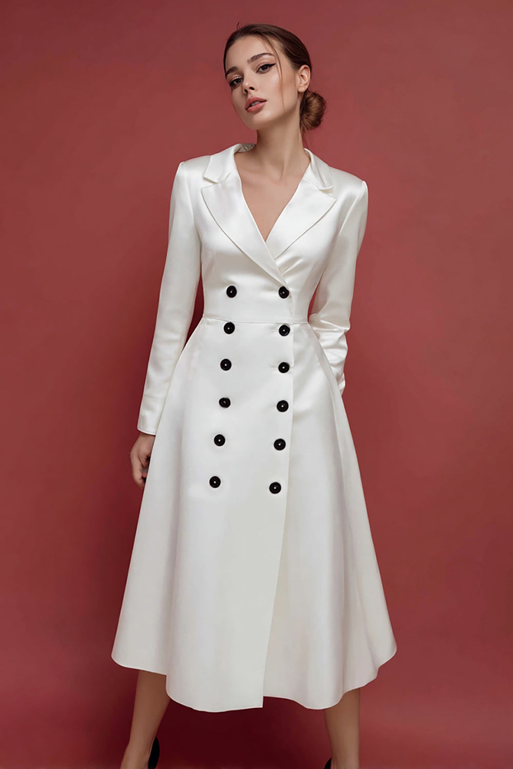 Ivory Satin A Line Double Breasted Midi Blazer Dress