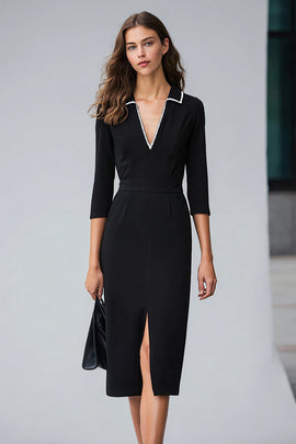 Black Pencil Collar Neck Midi Work Dress with Slit