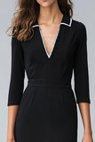 Black Pencil Collar Neck Midi Work Dress with Slit
