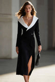Black and White Pencil Shawl Lapel Long Blazer Dress with Sash