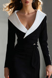 Black and White Pencil Shawl Lapel Long Blazer Dress with Sash