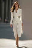 Ivory Satin Pencil Midi Blazer Dress with Belt