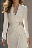 Ivory Satin Pencil Midi Blazer Dress with Belt