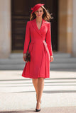 Red A Line Peak Lapel Midi Blazer Dress with Sleeves