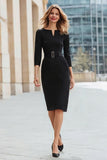 Black Boat Neck Pencil Midi Work Dress with Belt