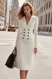 Ivory Satin Double Breasted V-Neck Midi Blazer Dress with Sleeves