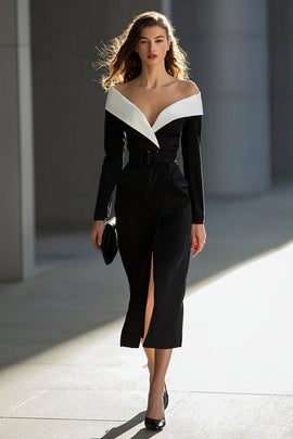 Black and White Off the Shoulder Pencil Midi Work Dress with Belt