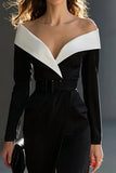 Black and White Off the Shoulder Pencil Midi Work Dress with Belt