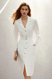 Ivory Satin Pencil Notched Lapel Midi Blazer Dress with Pockets