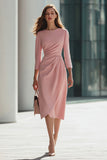Pink Satin Pencil Satin Round Neck Midi Work Dress