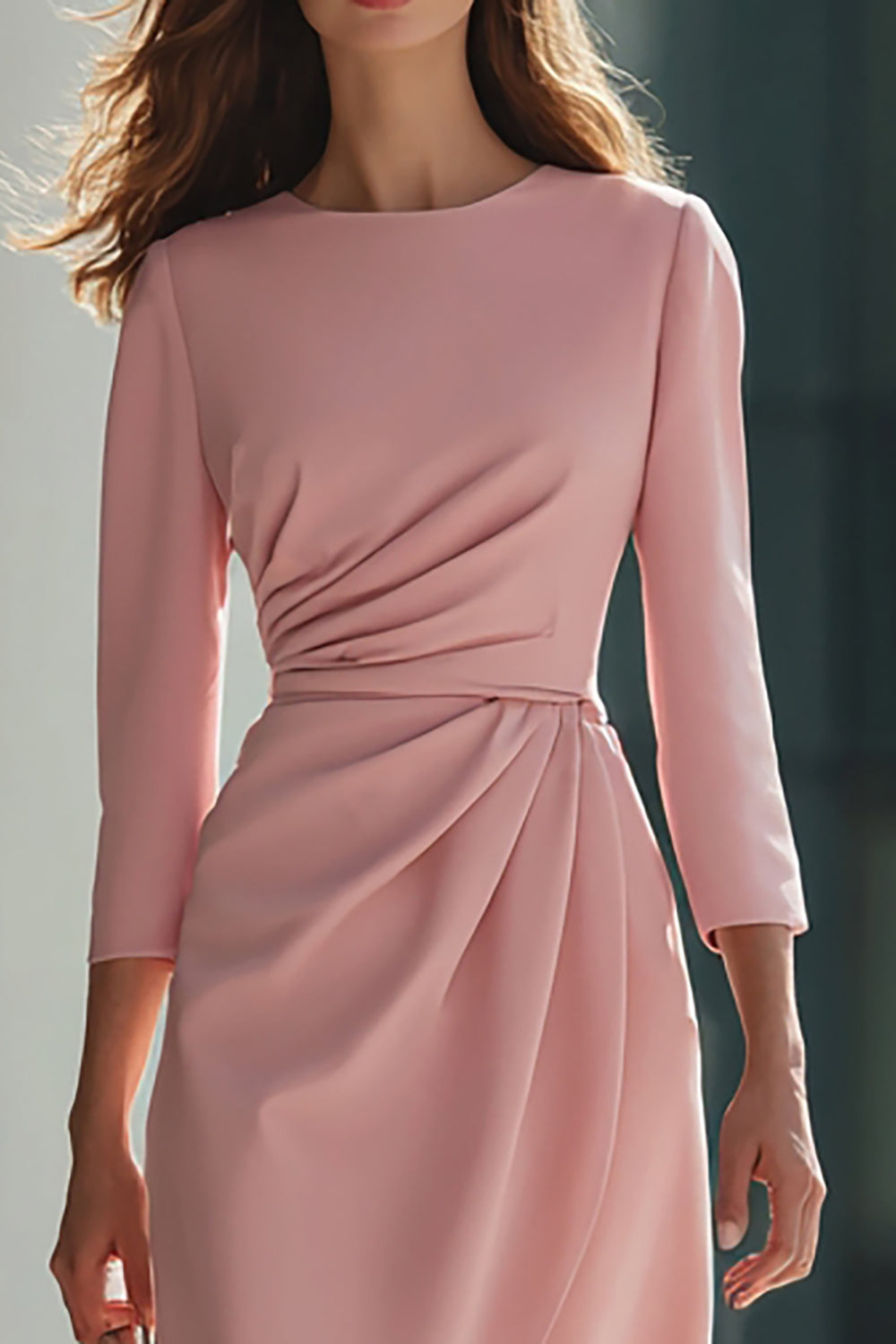 Pink Satin Pencil Satin Round Neck Midi Work Dress