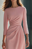Pink Satin Pencil Satin Round Neck Midi Work Dress