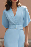 Sky Blue Satin Sheath Short Sleeves Midi Work Dress with Belts