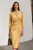 Yellow Satin Pencil Shawl Lapel Midi Work Dress with Sash