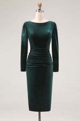 Dark Green Velvet Boat Neck Bodycon Midi Holiday Party Dress