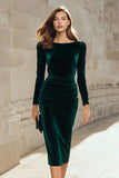 Dark Green Velvet Bodycon Boat Neck Midi Holiday Party Dress