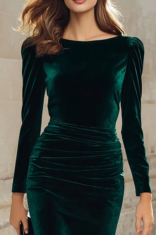 Dark Green Velvet Bodycon Boat Neck Midi Holiday Party Dress