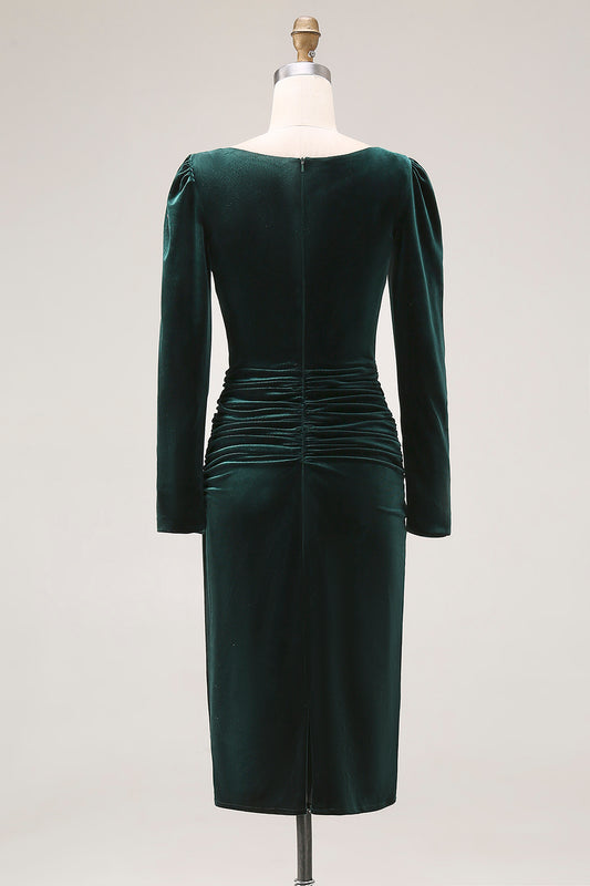 Dark Green Velvet Boat Neck Bodycon Midi Holiday Party Dress