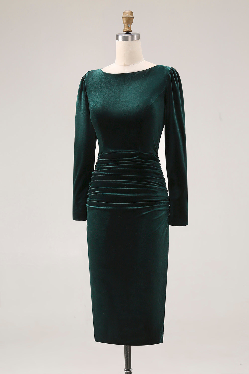 Dark Green Velvet Boat Neck Bodycon Midi Holiday Party Dress