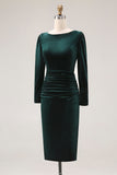 Dark Green Velvet Boat Neck Bodycon Midi Holiday Party Dress