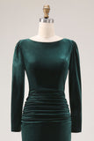 Dark Green Velvet Boat Neck Bodycon Midi Holiday Party Dress