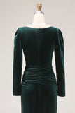 Dark Green Velvet Boat Neck Bodycon Midi Holiday Party Dress