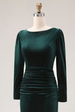 Dark Green Velvet Boat Neck Bodycon Midi Holiday Party Dress