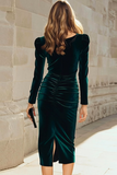 Dark Green Velvet Bodycon Boat Neck Midi Holiday Party Dress