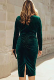 Dark Green Velvet Bodycon Boat Neck Midi Holiday Party Dress
