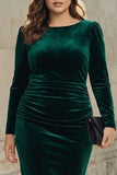 Plus Size Dark Green Velvet Bodycon Boat Neck Midi Holiday Party Dress