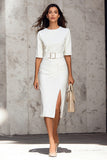 Ivory Satin Pencil Round Neck Midi Work Dress with Slit
