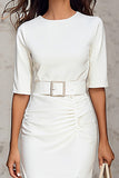 Ivory Satin Pencil Round Neck Midi Work Dress with Slit