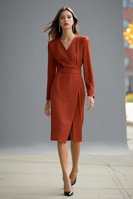Terracotta V-Neck Pencil Satin Midi Work Dress with Slit