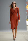 Terracotta V-Neck Pencil Satin Midi Work Dress with Slit
