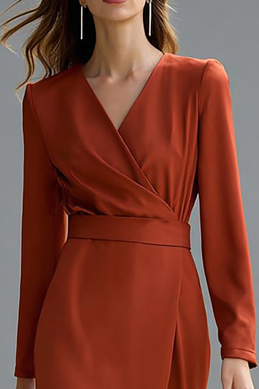 Terracotta V-Neck Pencil Satin Midi Work Dress with Slit