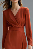 Terracotta V-Neck Pencil Satin Midi Work Dress with Slit