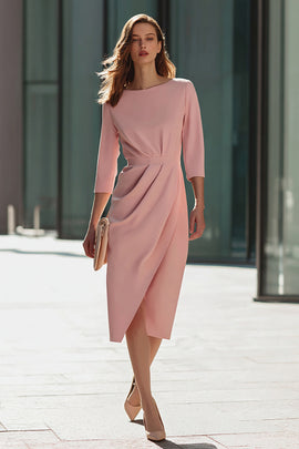 Pink Pencil Ruched 3/4 Sleeves Midi Work Dress with Slit