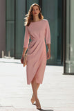 Pink Pencil Ruched 3/4 Sleeves Midi Work Dress with Slit