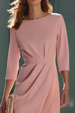 Pink Pencil Ruched 3/4 Sleeves Midi Work Dress with Slit