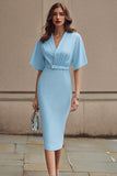 Sky Blue Pencil Ruched Half Sleeves Midi Work Dress with Belt