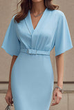 Sky Blue Pencil Ruched Half Sleeves Midi Work Dress with Belt