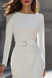 Sparkly Ivory Pencil Beaded Long Sleeves Midi Work Dress with Belt