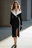 Black and White Patchwork Halter Pencil Midi Work Dress with Slit