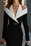 Black and White Patchwork Halter Pencil Midi Work Dress with Slit